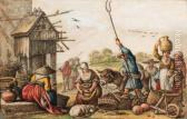 A Country Market By A House With
 A Dovecote (recto); A Study Of Acavalier By Another Hand (verso) Oil Painting by Cornelis Saftleven