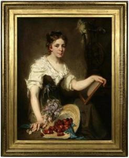 Girl With A Cherry Earringseated
 Before A Still Life Of Flowers And Berries Spilling Out Of Ahat Oil Painting by Simon Saint-Jean