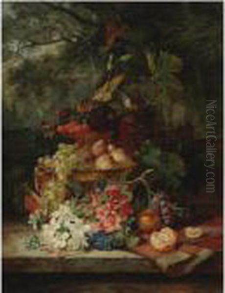 Still Life With Grapes, 
Cherries, Peaches, And Flowers In A Double-tiered Gilt Dish, A Carpet 
And An Orange, All Resting On A Ledge With A Balustrade And A Garden 
Landscape Beyond Oil Painting by Simon Saint-Jean