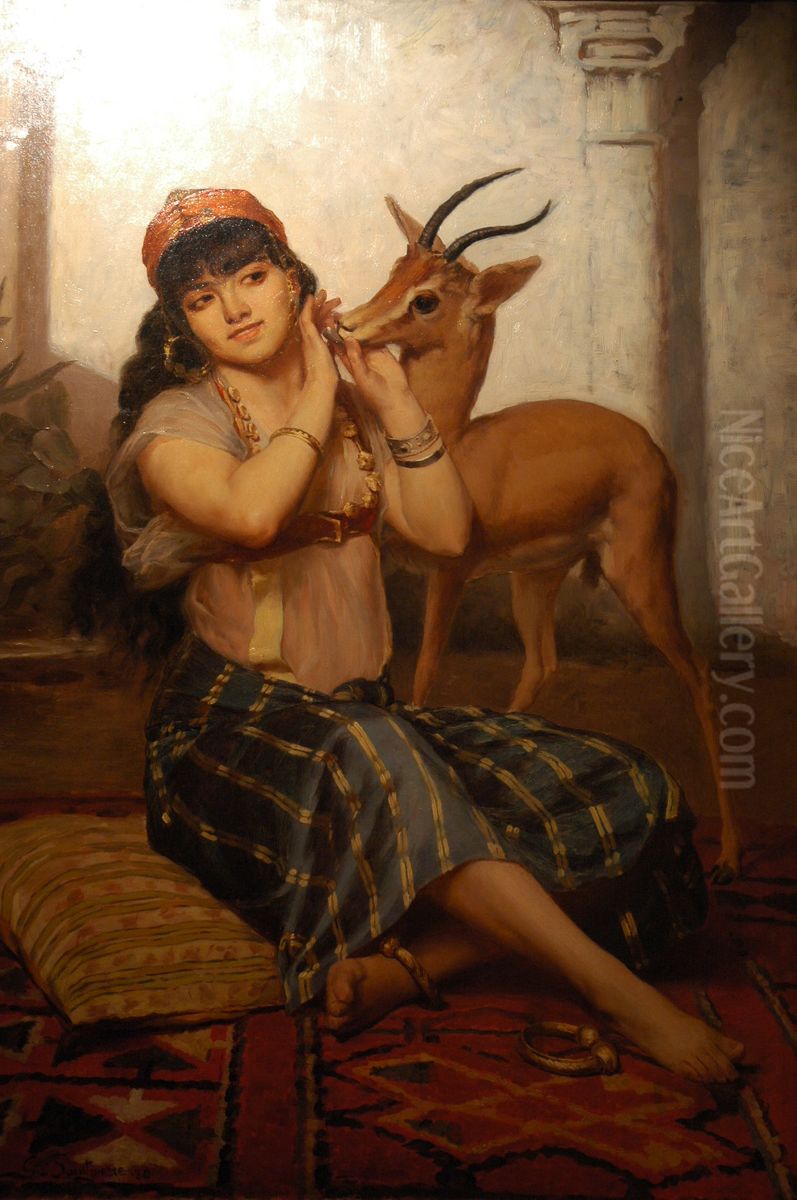 Jeune Fille A La Gazelle Oil Painting by Gaston Casimir Saint-Pierre