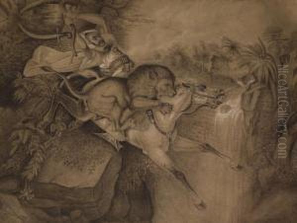 Un Lion Attaquant Un Cheval 
Tandis Que Son Cavalier S'accroche A Une Branche, Dans Un Paysage 
Exotique Oil Painting by Raden Sjarief B. Saleh