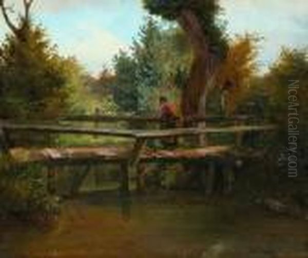 Bauerin Auf Dem Steg Uber Den
 Bach. Oil Painting by Hubert Salentin