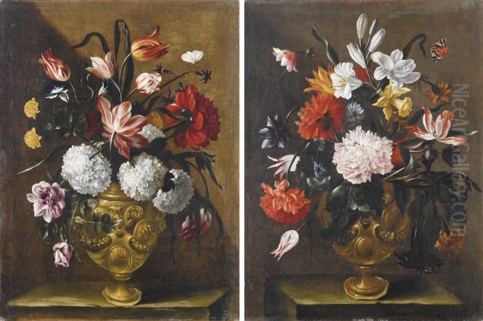 Vaso Di Fiori Con Rose, 
Tulipani, Ortensie E Una Farfalla; E Vasodi Fiori Con Garofani, Peonie, 
Gigli, Tulipani, Narciso Ed Unafarfalla Oil Painting by Tommaso Salini (Mao)