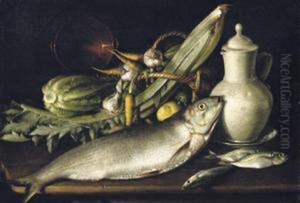 Fish, Cellery, A Cabbage And An 
Earthenware Pot With Carrots, Garlic And A Lemon In A Wicker Basket And A
 Porcelain Jug On A Platter, All On A Wooden Ledge Oil Painting by Tommaso Salini (Mao)