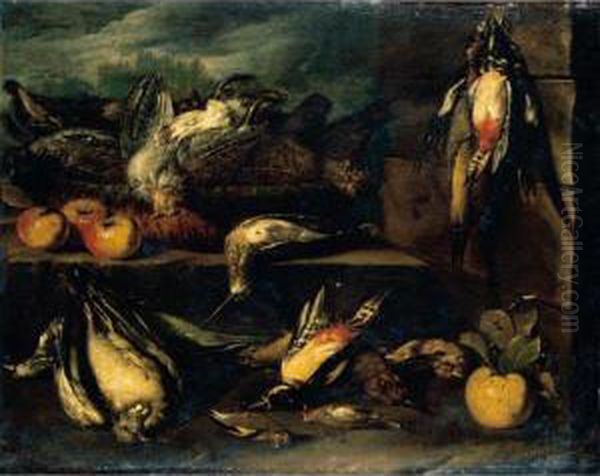 Still Life Of A Partridge, 
Woodcock, Woodpeckers, A Pigeon, Finches And Other Birds On A Stone 
Ledge With Apples Oil Painting by Tommaso Salini (Mao)