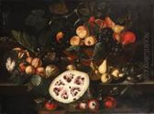 Grapes On The Vine, Peaches And 
Pears In A Basket, With A Melon, A Cut Fig And Other Fruit On Stone 
Ledges Oil Painting by Tommaso Salini (Mao)
