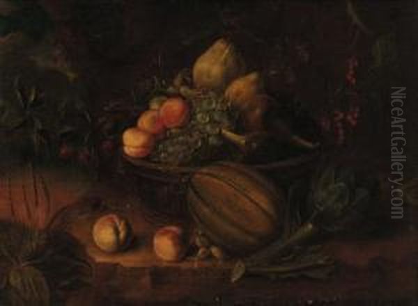 A Basket With Peaches, Grapes, 
Pears And Figs On A Stone Ledge Withpeaches, A Melon And Artichoke In A 
Landscape Oil Painting by Tommaso Salini (Mao)