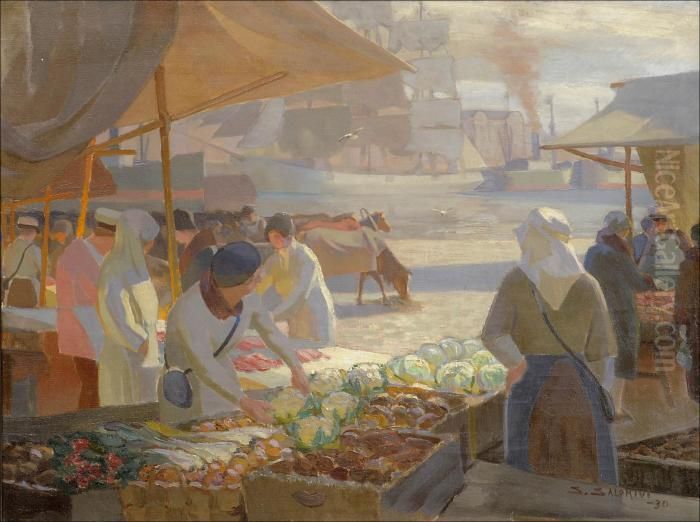 Kaupankayntia Helsingin Kauppatorilla. Oil Painting by Santeri Salokivi