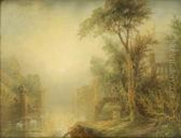 Italianate Riverscenes, With 
Swans And Gondolas, The Tree Lined Banks Withcapriccios A Pair Oil Painting by James Salt
