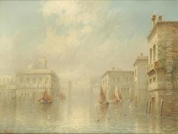 Venice, Fishingboats In Early 
Morning Mist, St Mark's Basilica And Campanilebeyond A Pair Oil Painting by James Salt