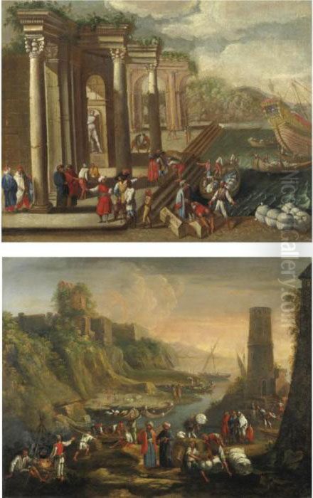 Veduta Di Un Porto Con Capriccio
 Architettonico, Figure E Imbarcazioni; Veduta Costiera Con Figure E Una
 Torre Sulla Destra Oil Painting by Alessandro Salucci