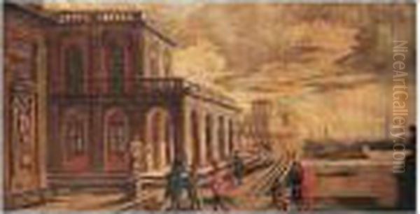 A Capriccio Of A Southern Harbour With Figures Before A Loggia Oil Painting by Alessandro Salucci