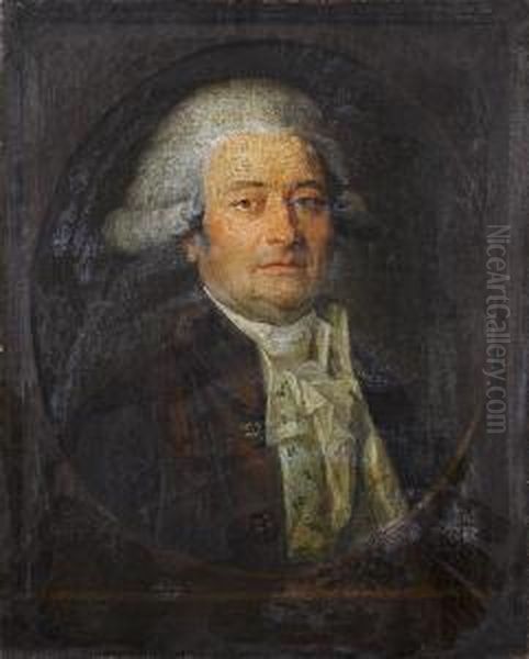 Portrait Of A Gentleman, 
Bust-length, In A Purple Coat, Floral Waistcoat And White Chemise, 
Within A Painted Stone Oval Oil Painting by Mariano Salvador Maella