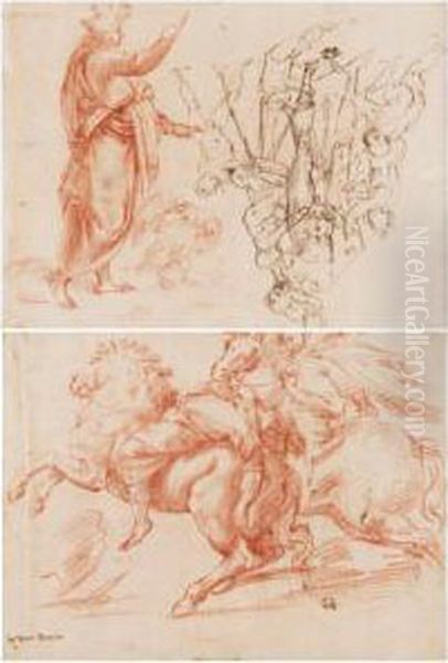 Recto: Plusieurs Jeunes Enfants Ajustant Un Mannequin, Et Saint Jean L'evangeliste;
 Verso: Etude D'apres L'antique Avec Deux Cavaliers, L'un Blesse Et Renverse Par Son Cheval Oil Painting by Rancesco De' Rossi (see Salviati, Cecchino Del)