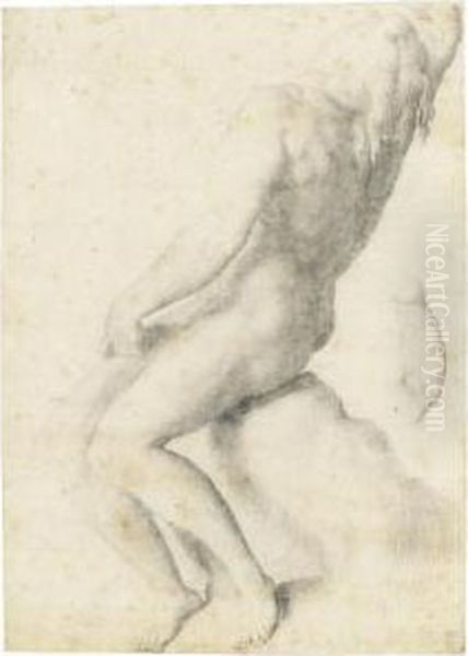A Naked Youth Seated On A Rock, 
His Right Arm Raised Above His Head Which Rests On His Left Shoulder, 
And A Separate Partial Study Of His Right Arm Oil Painting by Rancesco De' Rossi (see Salviati, Cecchino Del)