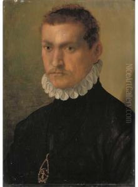 Portrait Of A Knight, 
Bust-length, Wearing A Black Tunic With Awhite Ruff Collar And The Order
 Of Saint Michael Oil Painting by Rancesco De' Rossi (see Salviati, Cecchino Del)