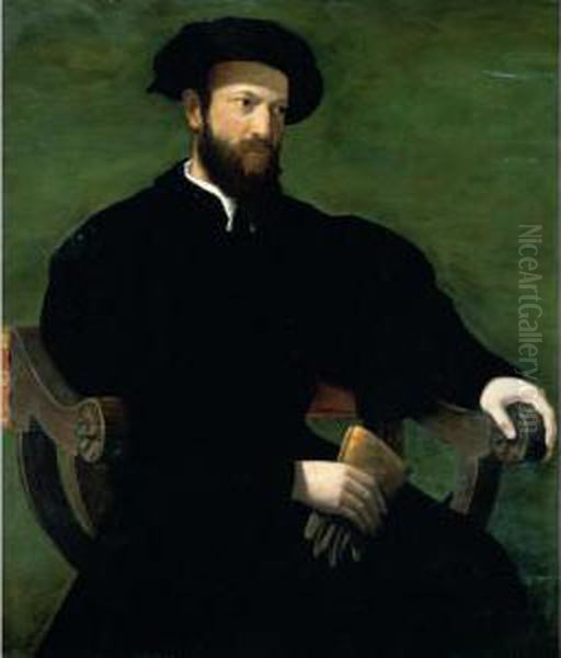 Portrait Of A Gentleman, 
Three-quarter Length, Dressed In Black And Seated Against A Green 
Background Oil Painting by Rancesco De' Rossi (see Salviati, Cecchino Del)