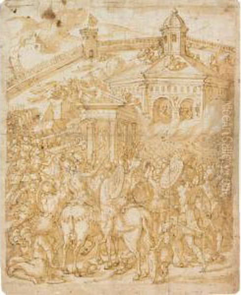 Roman Soldiers Attacking A Temple Within City Walls Oil Painting by Rancesco De' Rossi (see Salviati, Cecchino Del)