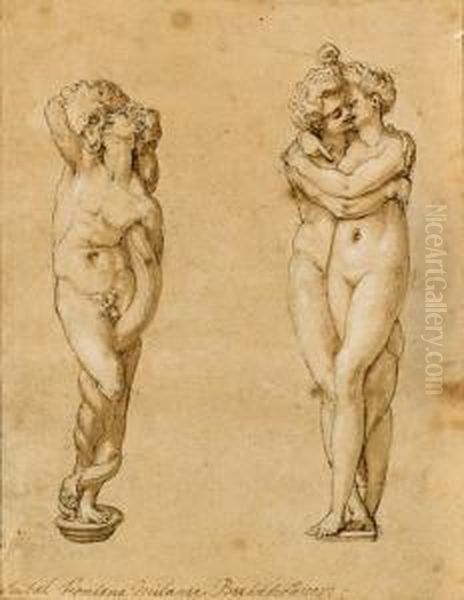 Two Studies For Knife Handles: A
 Snake Intertwined With A Man And Acouple Embracing (recto); Samson 
Breaking The Lion's Jaw(verso) Oil Painting by Rancesco De' Rossi (see Salviati, Cecchino Del)