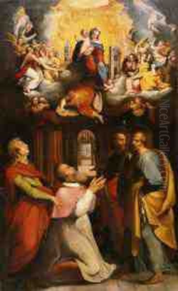 Apparizione Della Madonna 
Diloreto Ad Un Cardinale Di Nome Giovanni, Tra I Santi Giovanni,pietro E
 Paolo Oil Painting by Orazio Samacchini