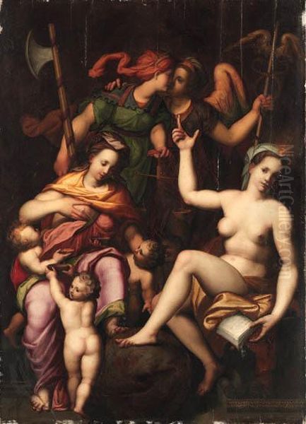 An Allegory Of The Psalm Of 
David: 'mercy And Truth Have Mettogether; Righteousness And Peace Have 
Kissed Each Other'
Signed With Monogram 'og' And 
Inscribed'misericordia.et.veritas.obiavervntsibi.iustitia.et.pax.osculatae.sunt' Oil Painting by Orazio Samacchini