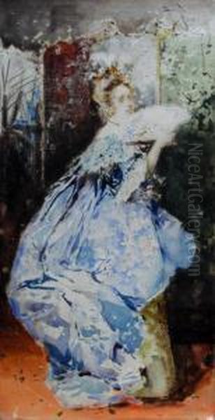 Lady In An Interior With A Fan Oil Painting by Salvador Sanchez-Barbudo Morales