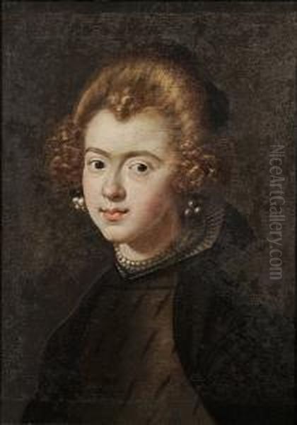 Portrait Of A Lady, Bust-length,
 In A Grey Slashed Dress And A Black Wrap, With A Lace Collar And Pearl 
Choker And Earrings Oil Painting by Alonso Sanchez Coello