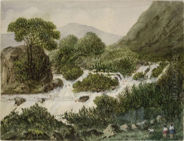 Aurore, Gabrielle Et Fadet Pres Des Chutes D'un Torrent Oil Painting by George (nee Dupin) Sand