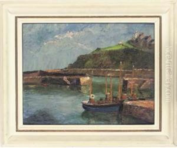 The Inner Harbour With Polkirt 
Hill Beyond, Mevagissey, Cornwall; And Fishing Boats In The Harbour Oil Painting by Pietro Sansalvadore