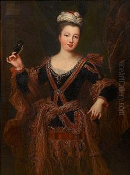 Portrait Of A Lady, 
Three-quarter-length, In A Dark Blue Dress With Gold Brocade Decoration,
 Holding A Mask And Standing Before A Curtain Oil Painting by Jean-Baptiste Santerre