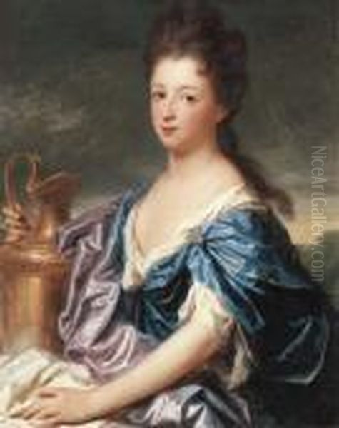 Portrait Of A Lady, Said To Be 
The Marquise D'epinay As Hebe,half-length, In A Blue Dress, Holding An 
Urn Oil Painting by Jean-Baptiste Santerre