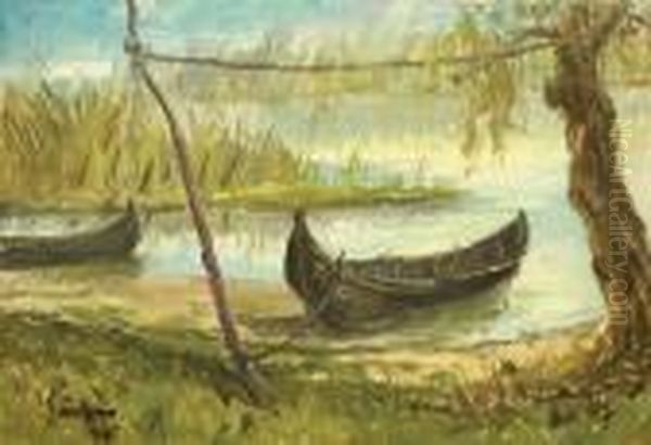 Boats In The Delta Oil Painting by Gheorghe Sarbu