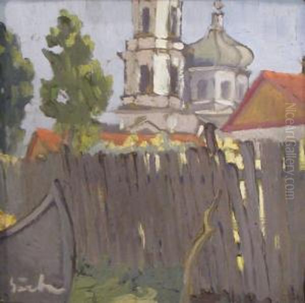 Landscape With Church Oil Painting by Gheorghe Sarbu