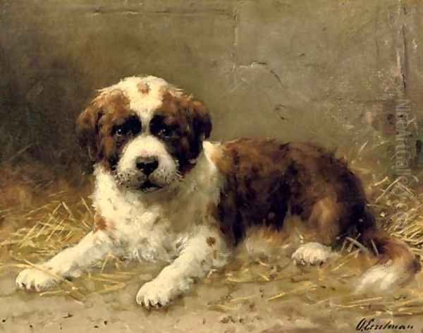 A St. Bernard pup Oil Painting by Otto Eerelman
