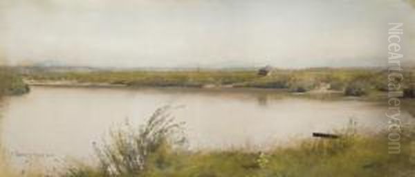 Vue D'un Lac Dans La Campagne Romaine, Des Collines A L'arriere-plan Oil Painting by Giulio Artistide Sartorio