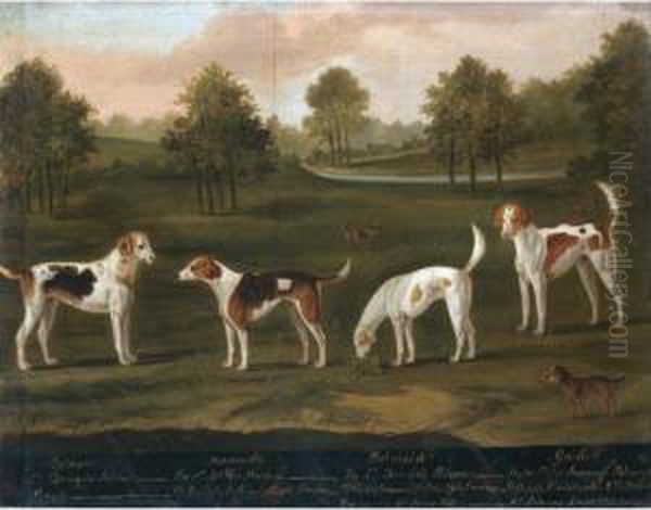Portrait Of Hounds: Belman, 
Mannerly, Belmaid And Guider, Together With Two Spaniels In A Landscape Oil Painting by J. Francis Sartorius