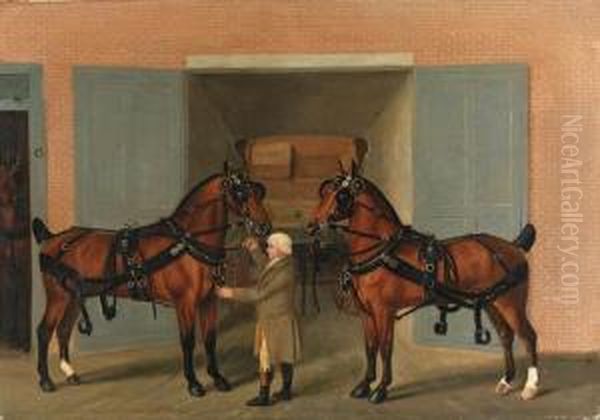 Harnessed Carriage Horses With A
 Groom Outside A Coachhouse; And Ahorse And Carriage Held By A Groom 
With A Boy On A Bay Cob In Alandscape Oil Painting by J. Francis Sartorius