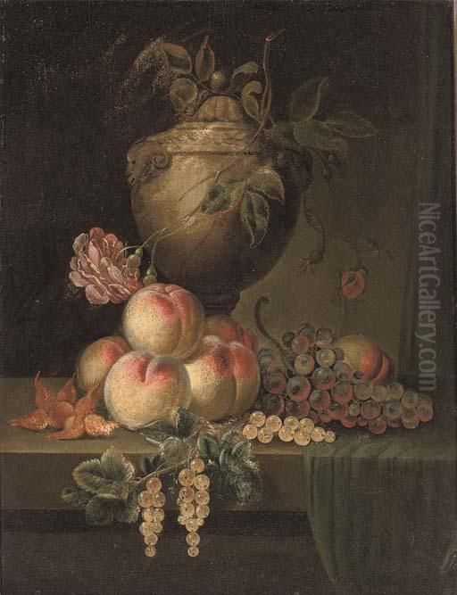 Grapes On The Vine, Peaches, 
Apricots And Cherries On A Stone Ledge; And Roses In A Sculpted Urn With
 Peaches And Grapes On The Vine On A Stone Ledge Oil Painting by William Sartorius