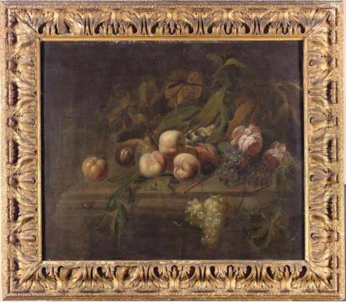 Still Life With Peaches, Grapes,
 A Melon And Other Fruit Together On A Stone With A Butterfly And A Rose Oil Painting by William Sartorius
