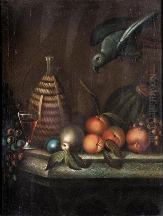 Still Life With A Glass Of Wine 
And A Flagon, Together With Grapes, A Melon, Peaches, Plums , An Apple, A
 Pear And A Parrot Oil Painting by William Sartorius