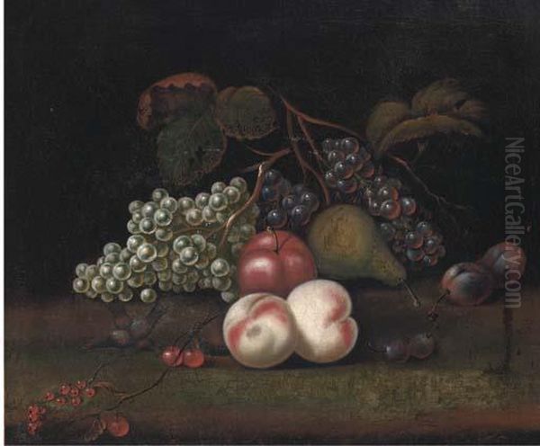 Still Life Of Grapes, Peaches, 
An Apple, Pear And Plums, With Abird Eating Cherries To The Side Oil Painting by William Sartorius