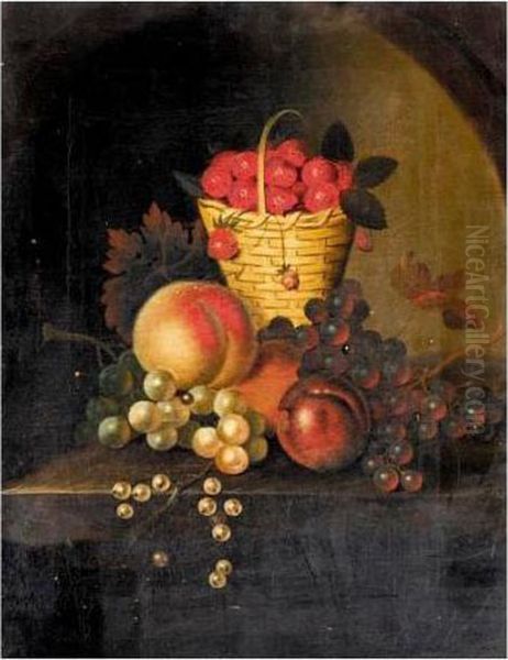 Still Life Of Grapes On The 
Vine; And Still Life Of Strawberries In A Basket Surrounded By Fruit On A
 Ledge Oil Painting by William Sartorius