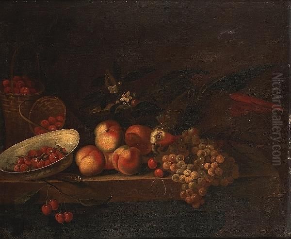 A Porcelain Dish And Baskets Of 
Strawberries With Grapes Cherries And Peaches On A Stone Ledge With A 
Parrot Oil Painting by William Sartorius