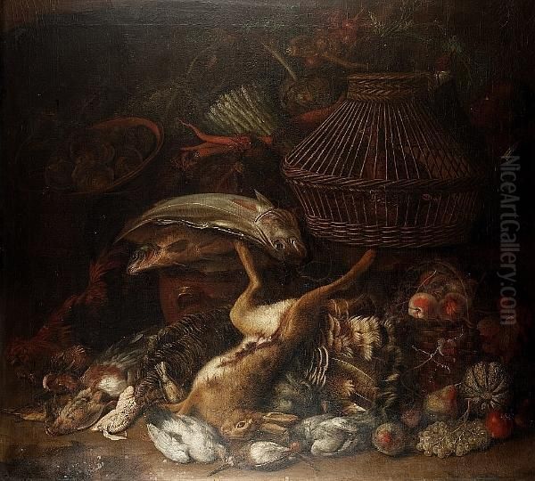 Peaches In A Basket With A Dead 
Hare, Turkey, And Game Birds, With Two Fish On An Earthenware Jar, A 
Chicken Basket, Oysters In An Earthenware Dish, Asparagus, Carrots, 
Artichokes And Other Vegetables In A Basket And On A Shelf Above, A 
Negro Boy  Oil Painting by William Sartorius