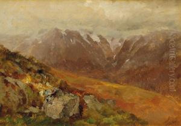 Coppia Di Vedute Appenniniche: 
Lago Laziale Con Bestiame All'abbeverata E Paesaggio Di Isola Del Gran 
Sasso Oil Painting by Pietro Sassi