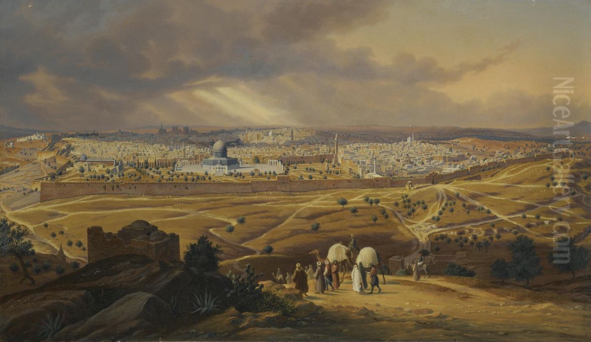 View Of Jerusalem From The Mount Of Olives Oil Painting by Hubert Sattler