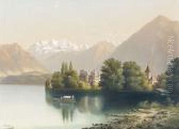 Ansicht Der Halbinsel Schadau Am Thunersee. Oil Painting by Hubert Sattler