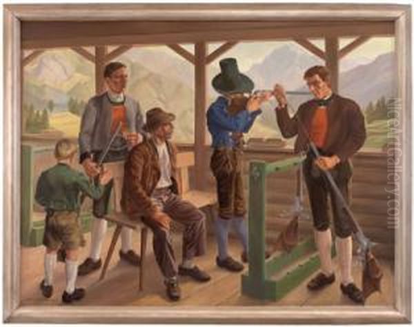 Schutzen Im Schiesstand Vor Alpiner Landschaft Oil Painting by Robert Saurwein