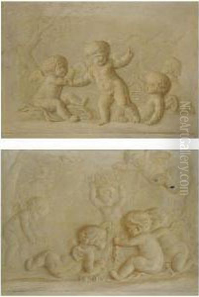 A Group Of Putti Playing Blindman's Buff, En Grisaille Oil Painting by Piat Joseph Sauvage