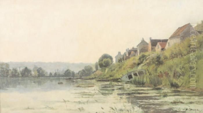 Bord De Seine A Sanois-sur-seine Oil Painting by Adrien Jacques Sauzay
